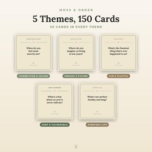 Peut inclure: Un jeu de 150 cartes intitul&eacute; Moss & Order, organis&eacute; en 5 th&egrave;mes de 30 cartes chacun. Les cartes pr&eacute;sentent des questions telles que When do you feel most seen by me?, Where do you imagine us living in ten years? et What's our perfect Sunday morning?