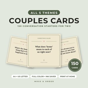 Lot de cartes de conversation à imprimer pour couples, 150 questions pour une soirée en amoureux, jeu de cartes pour les relations, cadeau d'anniversaire, téléchargement numérique image 1