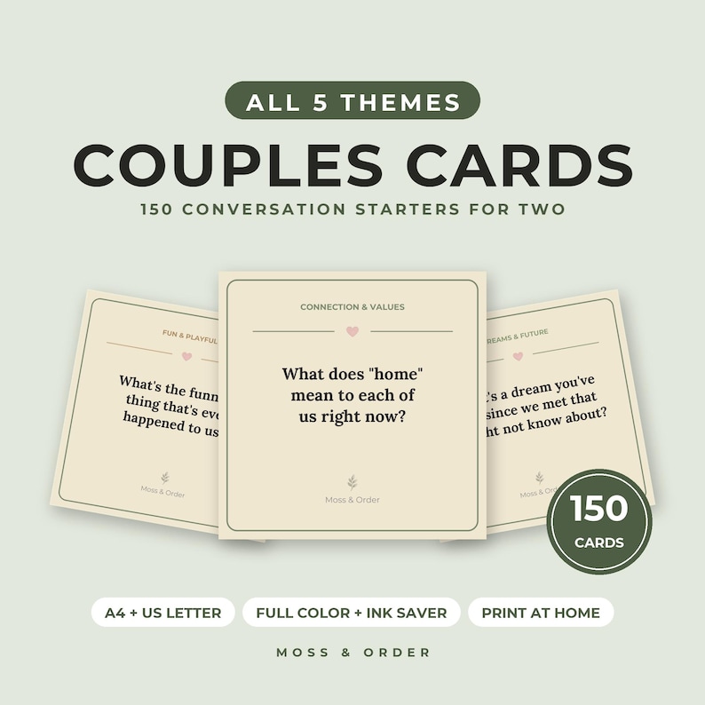 Lot de cartes de conversation à imprimer pour couples, 150 questions pour une soirée en amoureux, jeu de cartes pour les relations, cadeau d'anniversaire, téléchargement numérique image 1