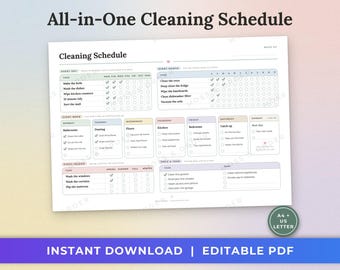 Editable Cleaning Schedule Printable, All in One Cleaning Checklist, Daily Weekly Monthly Yearly Chores, Fillable PDF, A4 US Letter