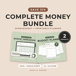 Complete Money Bundle, Budget Spreadsheet for Excel and Google Sheets and Printable Budget Planner, Bill, Savings and Debt Tracker