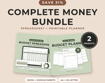 Ensemble complet de gestion financière : tableur budgétaire pour Excel et Google Sheets, planificateur budgétaire imprimable, suivi des factures, de l’épargne et des dettes