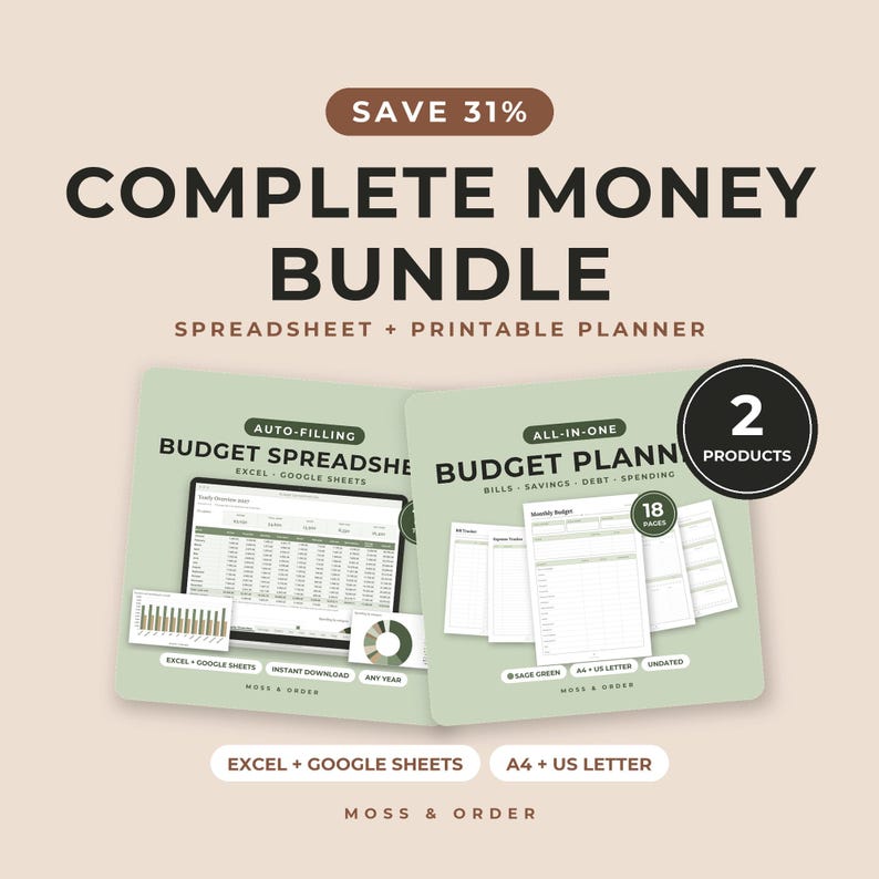 Complete Money Bundle, Budget Spreadsheet for Excel and Google Sheets and Printable Budget Planner, Bill, Savings and Debt Tracker image 1
