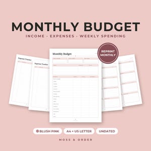 Monthly Budget Printable, Expense Tracker, Weekly Spending Log, Blush Pink, A4 Letter