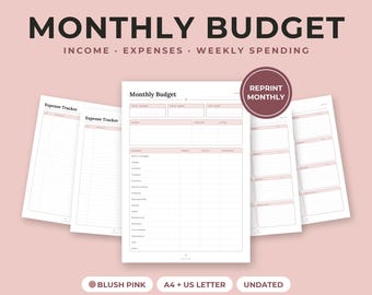 Monthly Budget Printable, Expense Tracker, Weekly Spending Log, Blush Pink, A4 Letter
