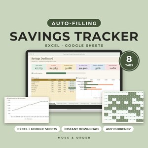 Savings Tracker Spreadsheet for Excel and Google Sheets, Savings Goals, Sinking Funds, 52 Week and 100 Envelope Challenge, Auto Filling