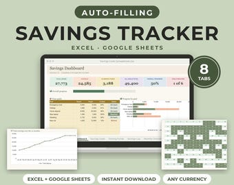 Savings Tracker Spreadsheet for Excel and Google Sheets, Savings Goals, Sinking Funds, 52 Week and 100 Envelope Challenge, Auto Filling