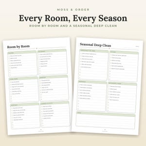 May include: Two white cleaning checklist pages titled Moss & Order Every Room, Every Season. The left page features Room by Room tasks for kitchen, bathroom, living room, bedroom, entryway, and laundry. The right page lists Seasonal Deep Clean tasks.