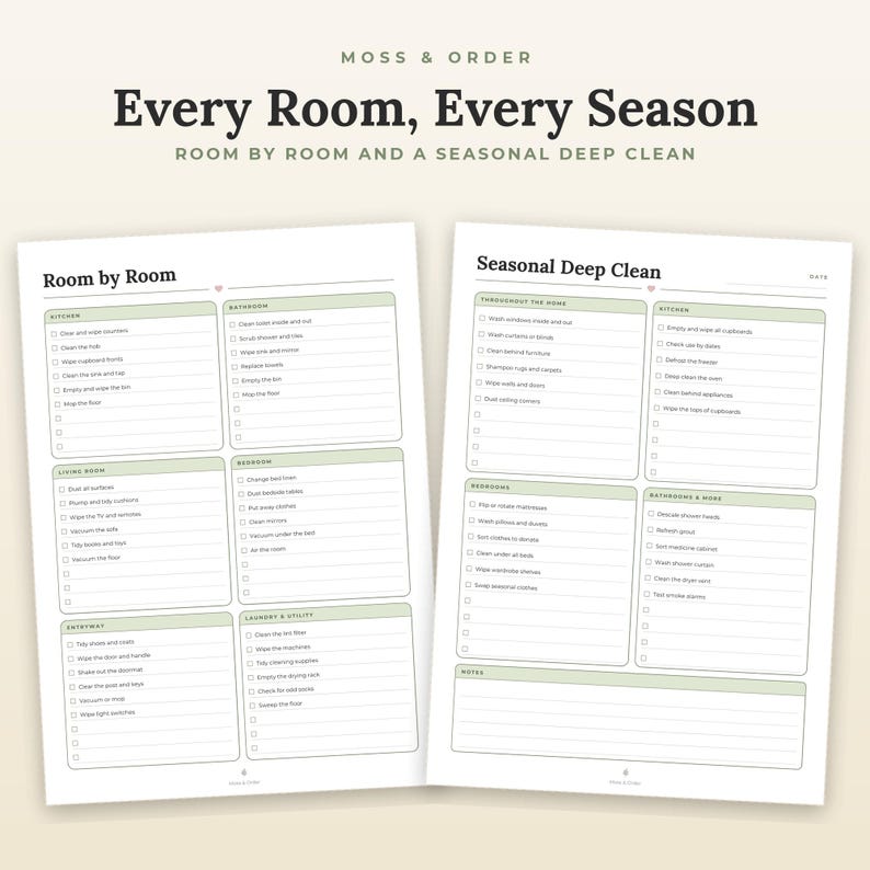 May include: Two white cleaning checklist pages titled Moss & Order Every Room, Every Season. The left page features Room by Room tasks for kitchen, bathroom, living room, bedroom, entryway, and laundry. The right page lists Seasonal Deep Clean tasks.