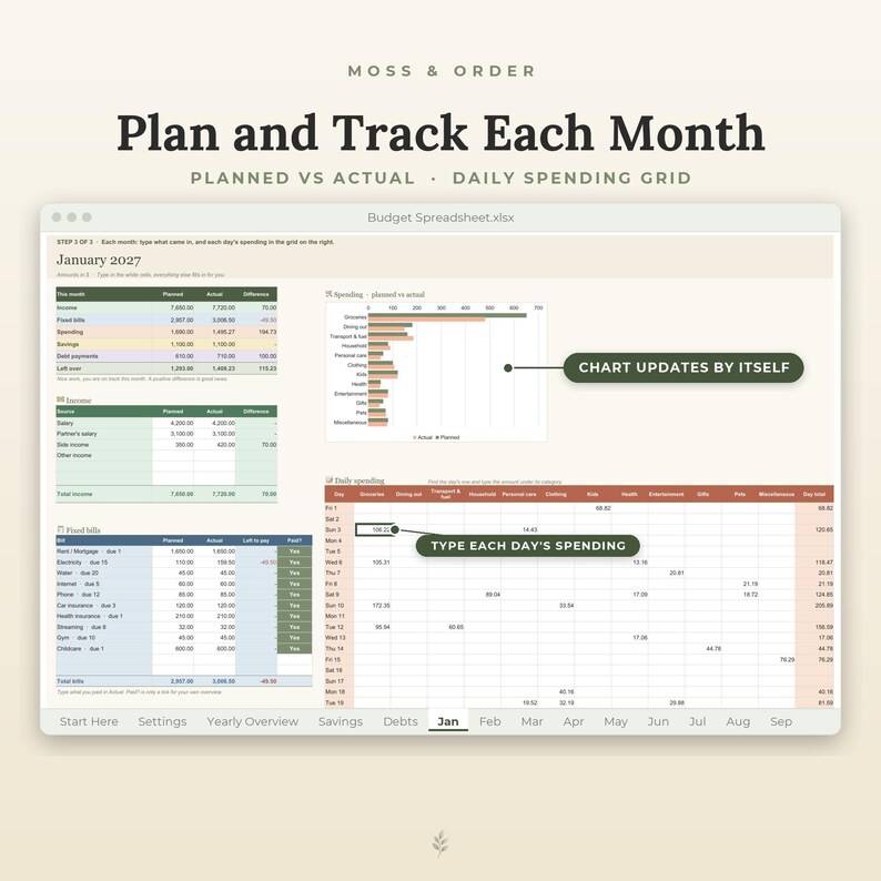 Budget Spreadsheet for Excel and Google Sheets, Monthly & Yearly Budget Planner, Expense Tracker, Savings and Debt Payoff, Auto Filling image 3