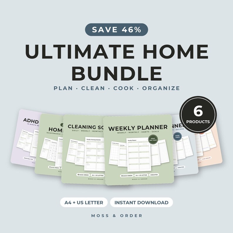 Ultimate Home Bundle Printable, Weekly Planner, Cleaning Schedule, Meal Planner, Home Binder, Kids Chore Chart, Sage, A4 Letter image 1