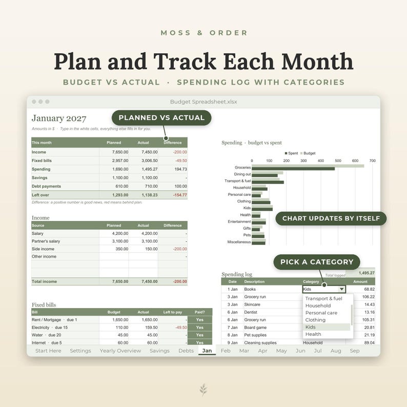 Complete Money Bundle, Budget Spreadsheet for Excel and Google Sheets and Printable Budget Planner, Bill, Savings and Debt Tracker image 6