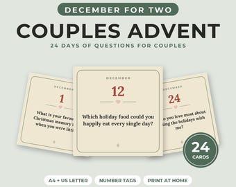 Printbare adventskalender voor stellen (24 dagen), kerstvragen voor twee, aftellen naar een date in december