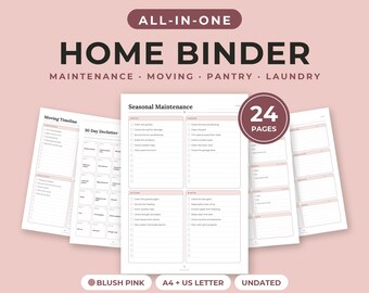 Classeur imprimable pour la maison, ensemble de planificateurs pour la maison, entretien, déménagement, désencombrement, garde-manger, lessive, rose poudré, formats A4 et Lettre US (PDF)