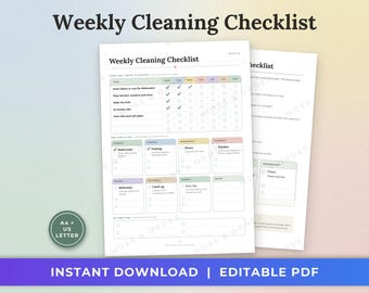 Bewerkbare wekelijkse schoonmaakchecklist, invulbaar PDF-bestand, schoonmaakschema van één pagina, dagelijkse klusjes, schoonmaaklijst voor het huis, A4 US Letter-formaat