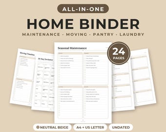 Classeur imprimable pour la maison, ensemble de planificateurs pour la maison, entretien, déménagement, désencombrement, garde-manger, lessive, beige neutre, formats A4 et Lettre US (PDF)