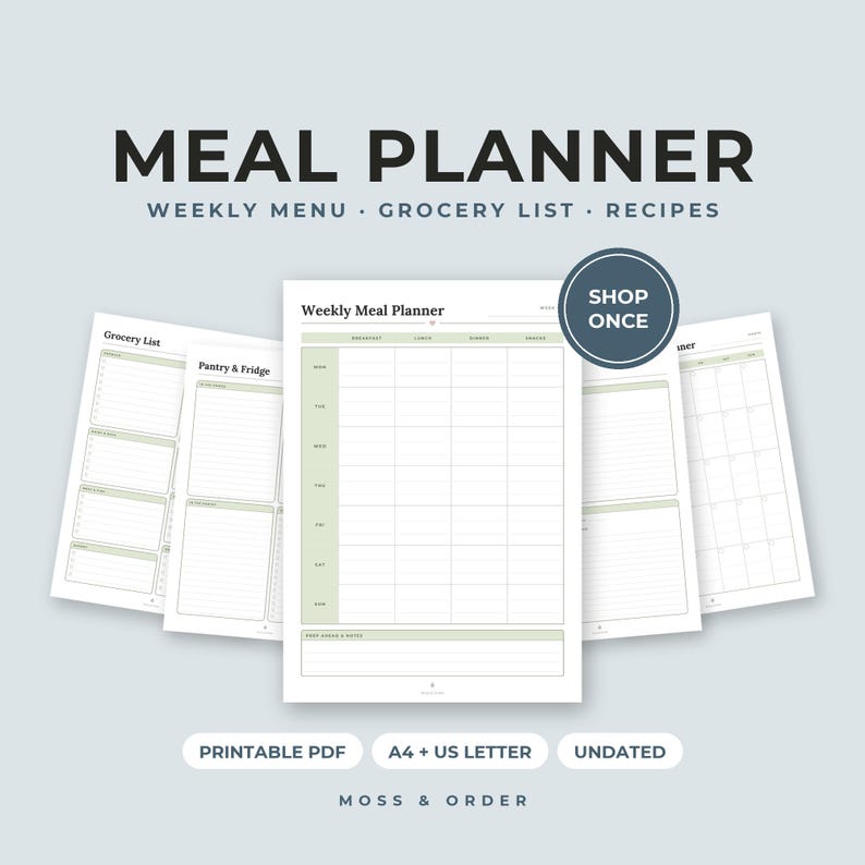 Druckbarer Speiseplan, Wochenmenü, Einkaufsliste, Rezeptkarten, Vorratskammer-Inventar, A4-Format Bild 1