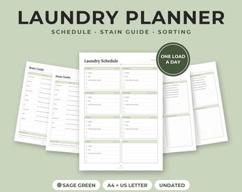 Calendrier de lessive à imprimer, planificateur de lessive, guide détachant, plan de buanderie, Sage, A4 et Lettre US PDF