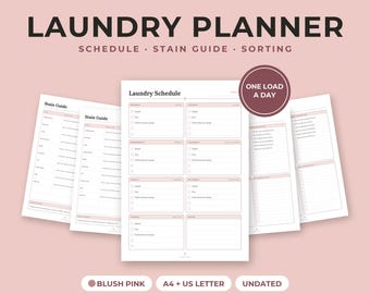 Planning de lessive à imprimer, guide anti-taches, schéma de la buanderie, rose poudré, formats A4 et Lettre US (PDF)