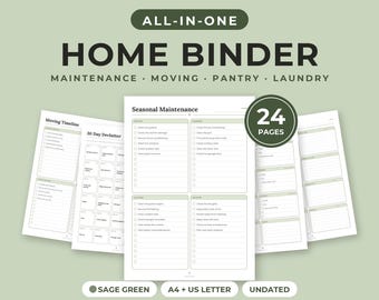 Classeur imprimable pour la maison, ensemble de planificateurs pour la maison, entretien de la maison, déménagement, désencombrement, garde-manger, lessive, sauge, format A4 et Lettre US (PDF)
