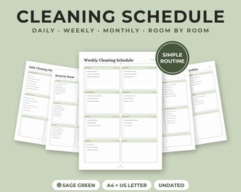 Cleaning Schedule Printable, Daily Weekly Monthly Checklist, Room by Room, Home Organization, A4 Letter