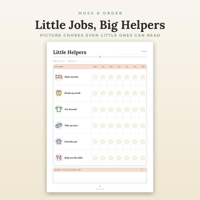 Kids Chore Chart Printable, Toddler Picture Routine, Star Rewards, Family Jobs, Ages 3-12 image 2