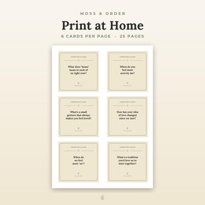 Peut inclure: Une feuille imprimable de Moss & Order avec 6 cartes par page, totalisant 25 pages. Chaque carte contient une question sous le titre Connection & Values, incluant des interrogations comme What does home mean to each of us right now?