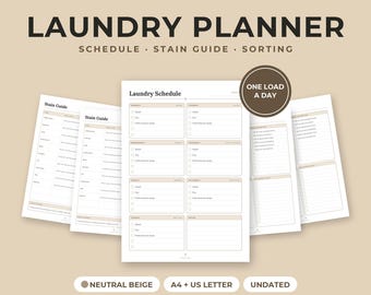 Calendrier de lessive à imprimer, planificateur de lessive, guide détachant, plan de buanderie, beige neutre, formats PDF A4 et Lettre US