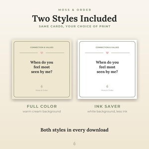 Peut inclure: Deux cartes carr&eacute;es de Moss & Order avec le texte 'When do you feel most seen by me?' sous le titre 'CONNECTION & VALUES'. Une carte a un fond cr&egrave;me chaud, l'autre un fond blanc avec du texte noir imprim&eacute; dessus.