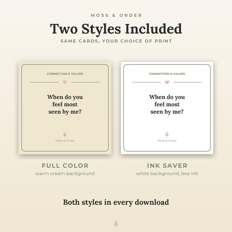 Peut inclure: Deux cartes carr&eacute;es de Moss & Order avec le texte 'When do you feel most seen by me?' sous le titre 'CONNECTION & VALUES'. Une carte a un fond cr&egrave;me chaud, l'autre un fond blanc avec du texte noir imprim&eacute; dessus.