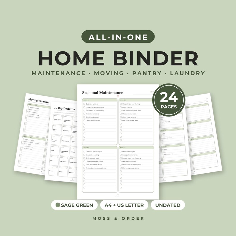 Ultimate Home Bundle Printable, Weekly Planner, Cleaning Schedule, Meal Planner, Home Binder, Kids Chore Chart, Sage, A4 Letter image 6