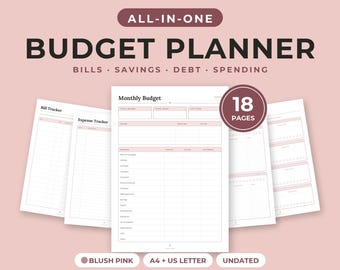 Budget Planner Printable, Monthly Bill Tracker, Savings, Debt Payoff, Blush Pink, A4 Letter