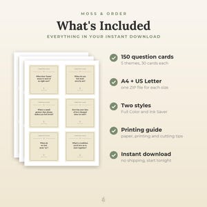 Peut inclure: Une fiche produit num&eacute;rique Moss & Order comprenant 150 cartes de questions r&eacute;parties en 5 th&egrave;mes. L'ensemble inclut des formats A4 et US Letter en couleur et en version &eacute;conomique, avec un guide d'impression pour ce t&eacute;l&eacute;chargement.