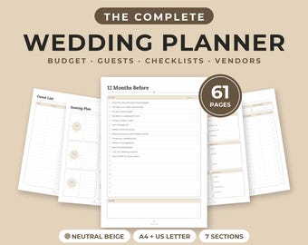 Carnet de mariage à imprimer, 61 pages, budget, liste d'invités, checklist, plan de table, beige neutre, formats A4 et Lettre US (PDF)