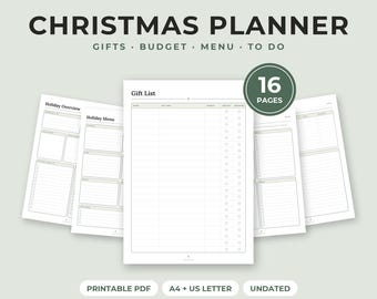 Printbare kerstplanner, cadeaulijst voor de feestdagen en kerstbudget, menu- en kaartenlijst