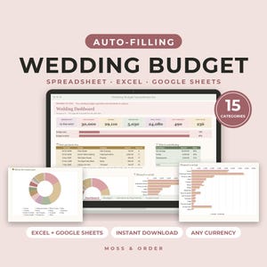 Wedding Budget Spreadsheet for Excel and Google Sheets, Wedding Planner Budget Tracker, Vendor Payment Tracker, Cost Per Guest, Blush