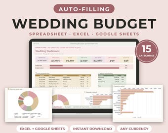 Arkusz kalkulacyjny budżetu ślubnego dla programów Excel i Arkuszy Google, śledzenie budżetu organizatora ślubu, śledzenie płatności dla dostawców, koszt na gościa, Blush