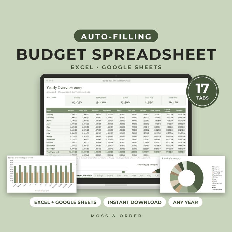 Complete Money Bundle, Budget Spreadsheet for Excel and Google Sheets and Printable Budget Planner, Bill, Savings and Debt Tracker image 3