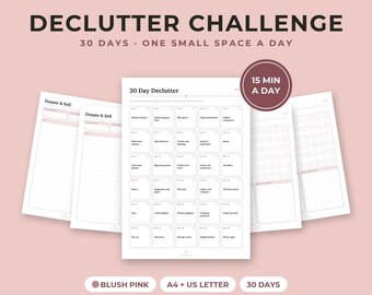 Défi désencombrement de 30 jours : liste de contrôle à imprimer, outil de suivi minimaliste pour la maison, liste de dons, rose poudré, formats A4 et Lettre US (PDF).