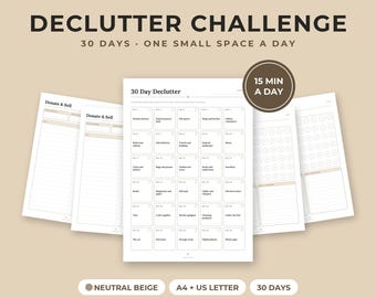 Défi désencombrement de 30 jours : liste de contrôle à imprimer, outil de suivi pour une maison minimaliste, liste de dons, beige neutre, formats PDF A4 et Lettre US