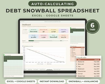 Schulden-Schneeball-Tabelle für Excel und Google Sheets, Schuldenrückzahlungs-Tracker, Lawinenrechner, Schuldenfreiheitsplaner, Tilgungsplan