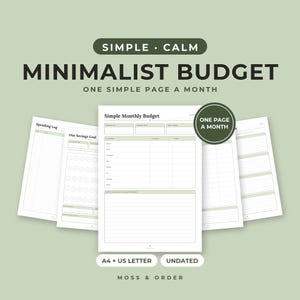 Minimalist Budget Planner Printable, Simple Monthly Budget, One Page Budget, Spending Log, Savings Goal, Sage, A4 Letter PDF