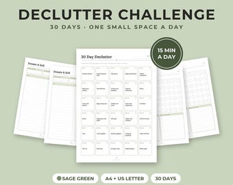 Défi désencombrement de 30 jours : liste de contrôle à imprimer, outil de suivi pour une maison minimaliste, liste de dons, format PDF A4 et US Letter, couleur sauge.
