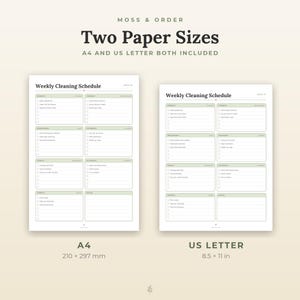 May include: Two weekly cleaning schedule templates labeled Moss & Order, featuring A4 size at 210 x 297 mm and US Letter size at 8.5 x 11 inches. Each white paper sheet includes daily task checklists with light green headers.