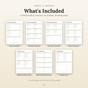 May include: A digital cleaning planner set titled Moss & Order, featuring 9 printable pages including a daily checklist, weekly schedule, monthly checklist, room by room guide, seasonal deep clean, blank weekly planner, and supplies list.