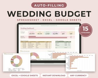 Hochzeitsbudget-Tabelle für Excel und Google Sheets, Budget-Tracker für Hochzeitsplaner, Zahlungsverfolgung für Dienstleister, Kosten pro Gast, Blush