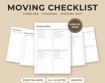Liste de déménagement à imprimer, Planificateur de déménagement, Liste de colisage, Changement d'adresse, Calendrier de déménagement, Beige neutre, Format PDF A4 et Lettre US