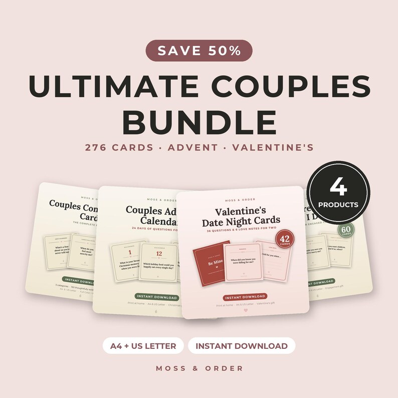 Ultimate Couples Bundle, 276 Printable Conversation Cards, Date Night Questions, Couples Advent Calendar, Valentine Cards, Gift image 1