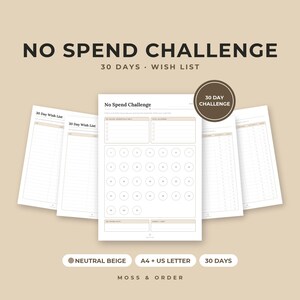 No Spend Challenge Printable, 30 Day Wish List, Frugal Living Tracker, Neutral Beige, A4 Letter