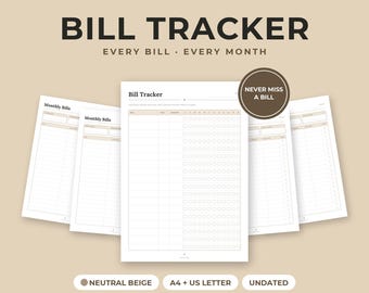 Bill Tracker Printable, Monthly Payment Checklist, Yearly Expense Organizer, Neutral Beige, A4 Letter